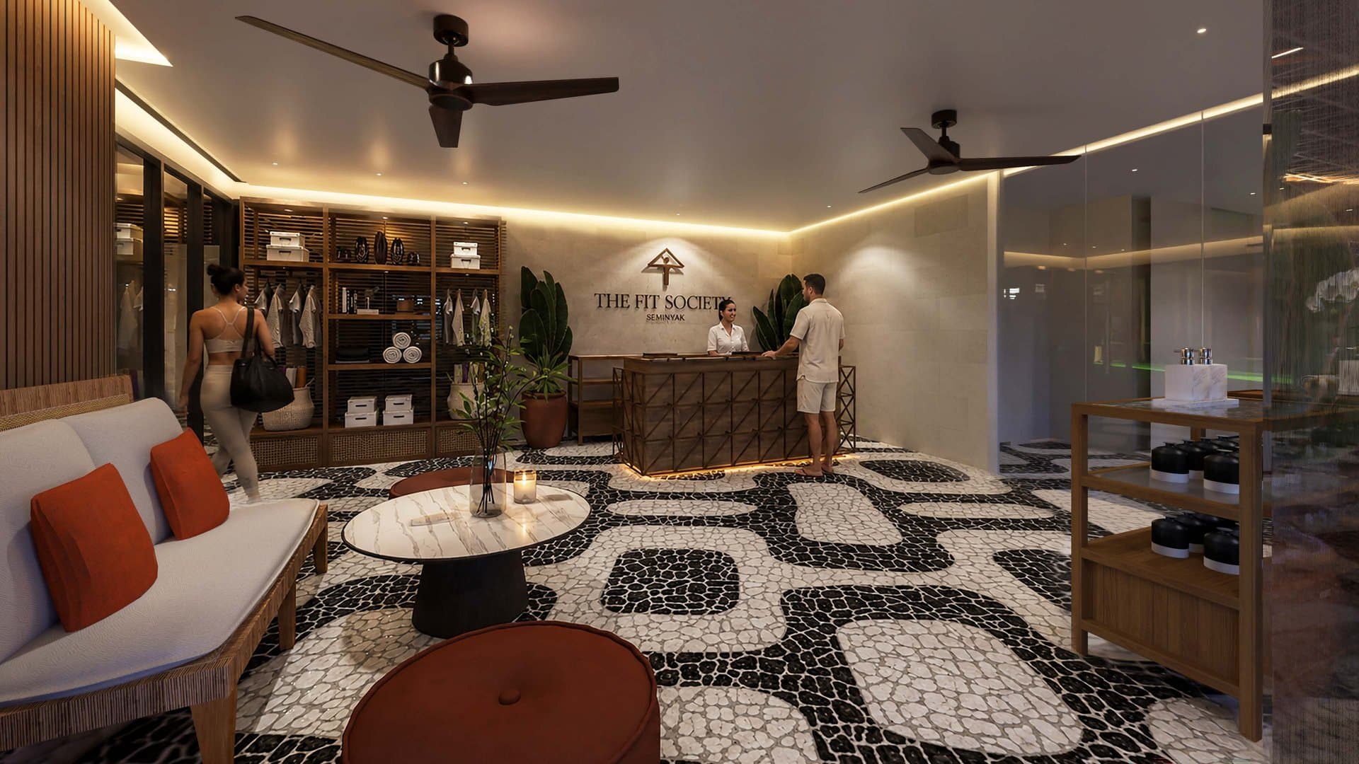 Gym Reception · Textured Ceilings & Warm Arrival Lighting