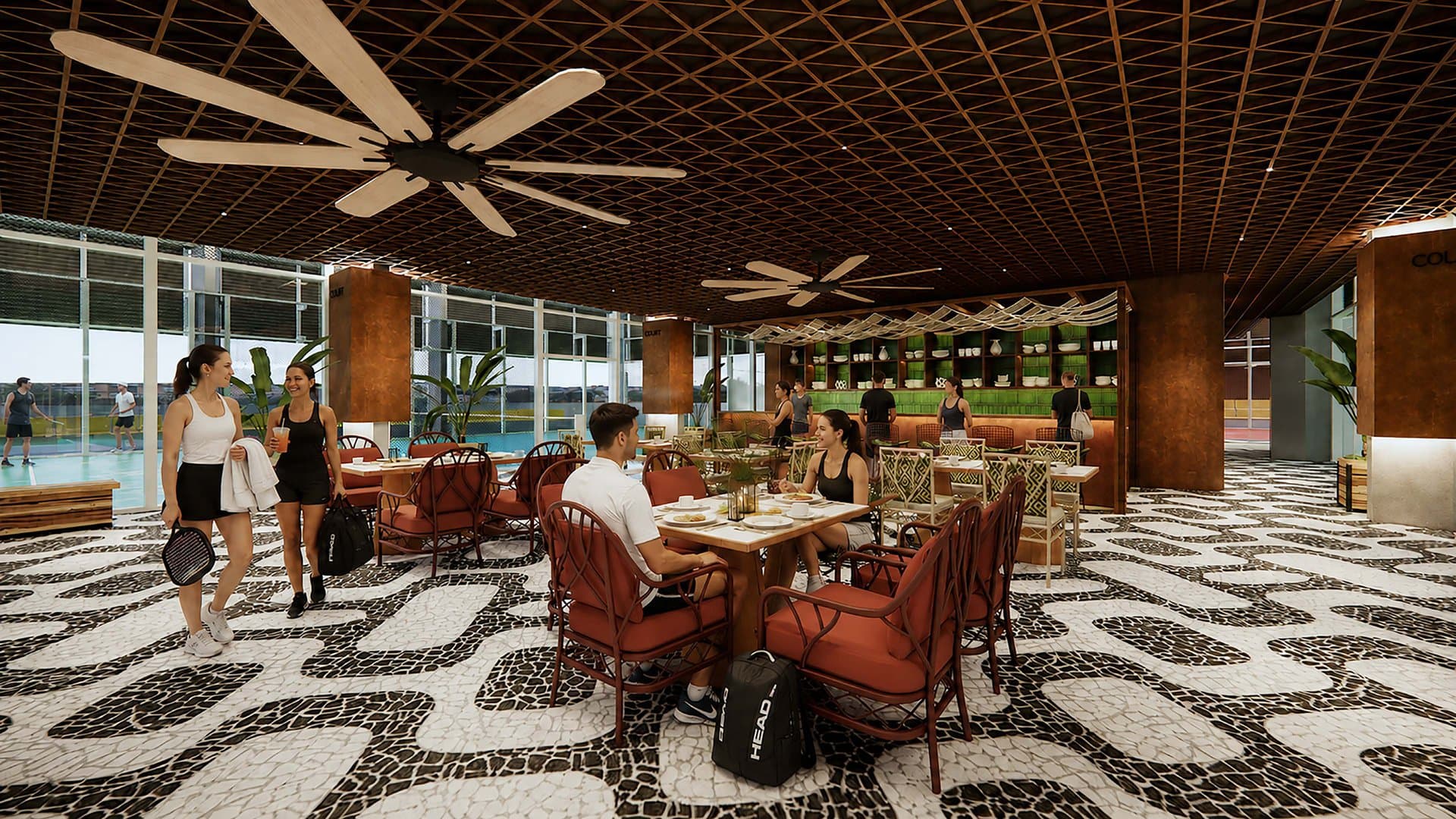 Padel Café · Woven Ceilings & Long Communal Tables