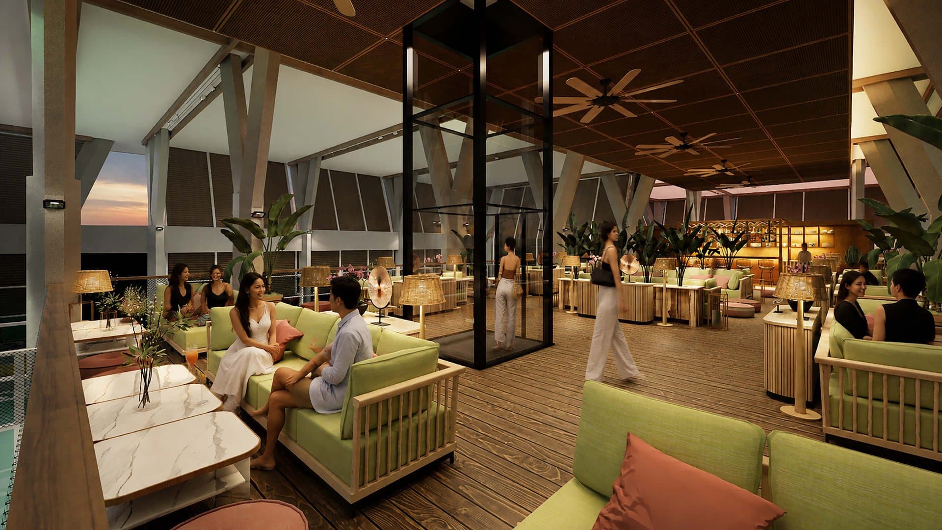 Padel Mezzanine Lounge · Open-Air Bar & Lounge Seating