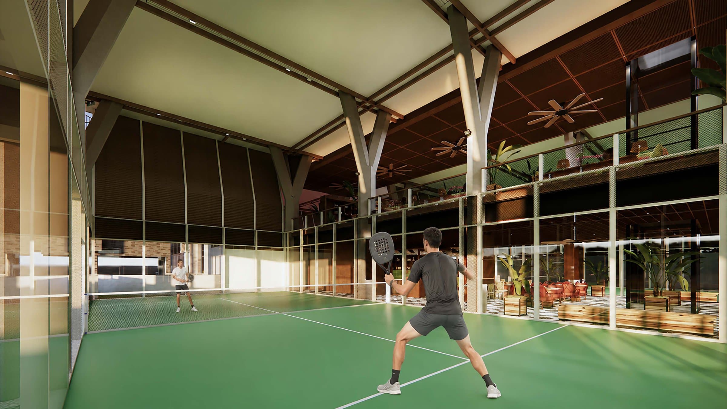 Padel Court & Mezzanine Dining · Timber Structure & Lush Planting Courtside