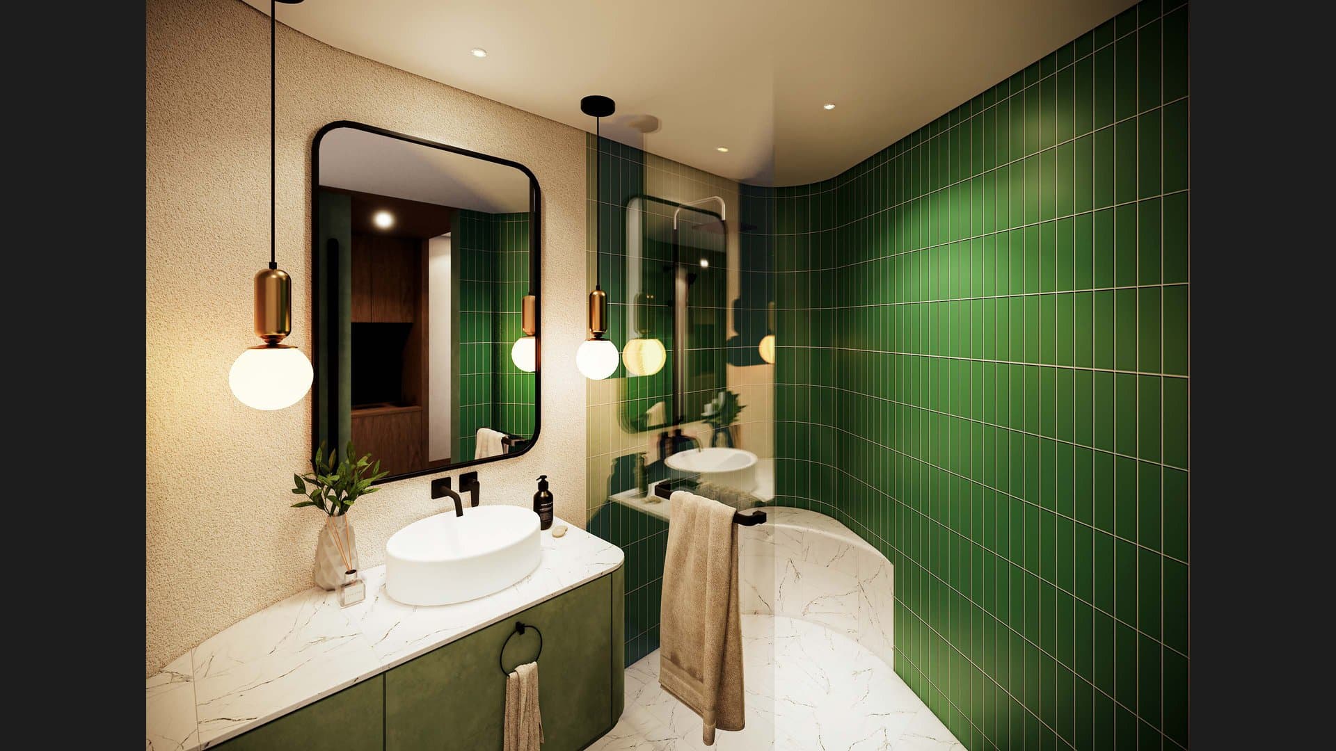 Suite Bathroom · Green-Tiled Walls & Twin Basins · A Design Moment