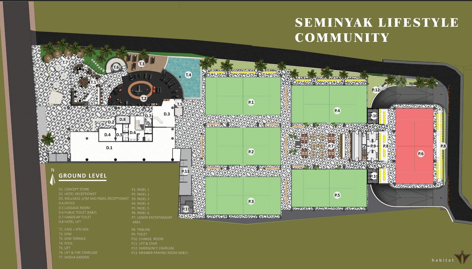 Ground Level Floor Plan — Padel Courts, Hotel Lobby, Wellness, F&B & Arrival Areas
